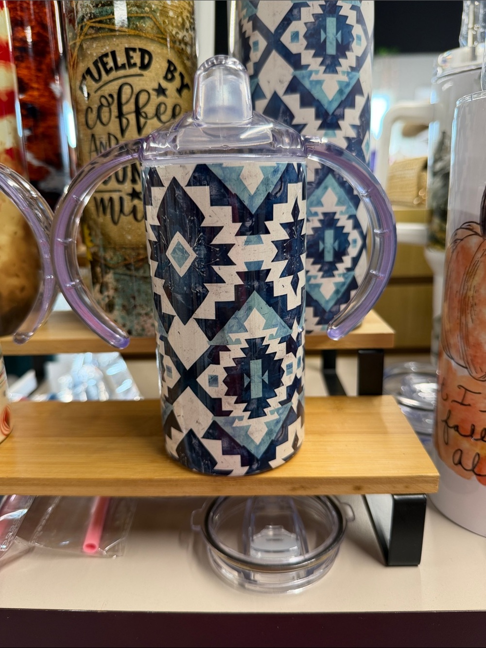 Blue Aztec Pattern Sippy Cup with Handles - Unbranded